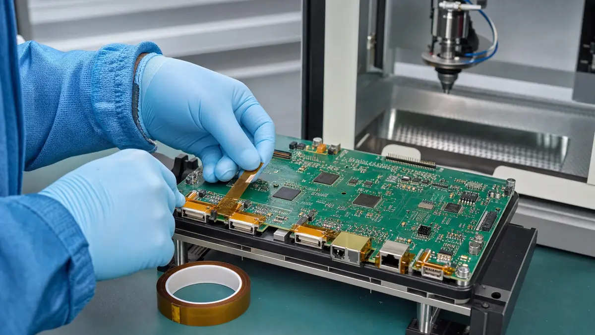 Technician applying amber polyimide tape over PCB connectors before conformal coating